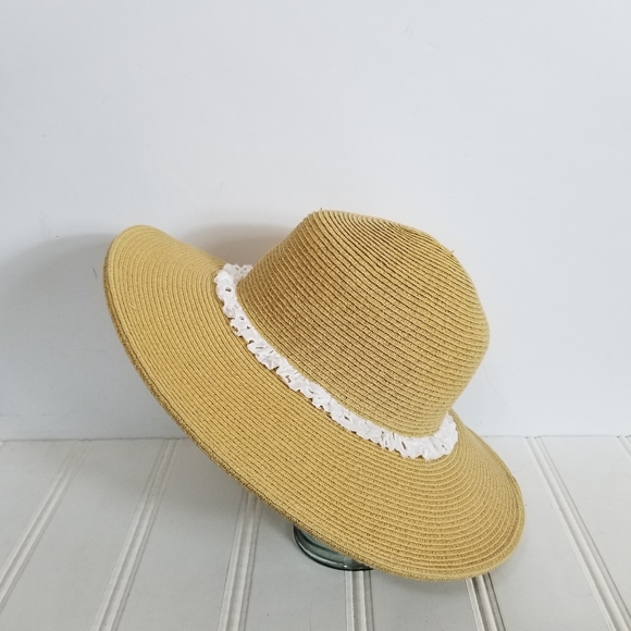 August Hat Co Wide Brim Straw Hat White Eyelet Band Summer Beach main image 7